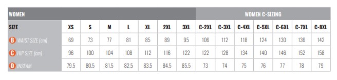 ixon size chart womens pants